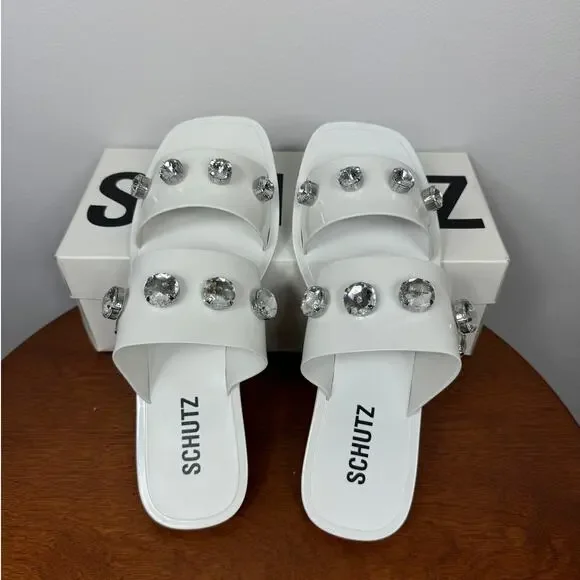 Schutz Lizzie Crystal Embellished Sandal in White Size